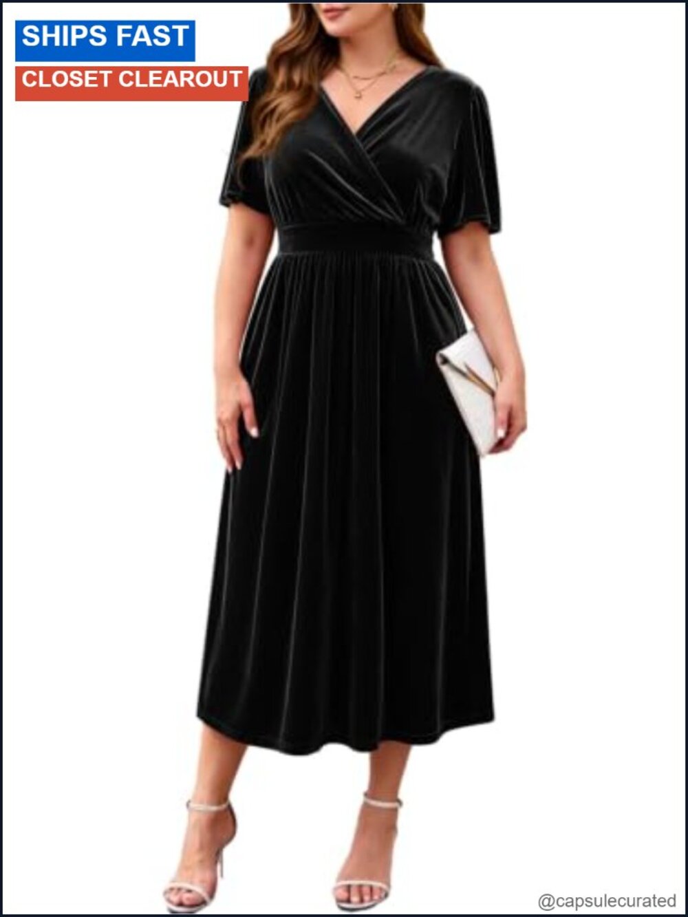 BELAROI Plus Size Velvet Dress Flutter Sleeve V-Neck Cocktail Wedding Guest